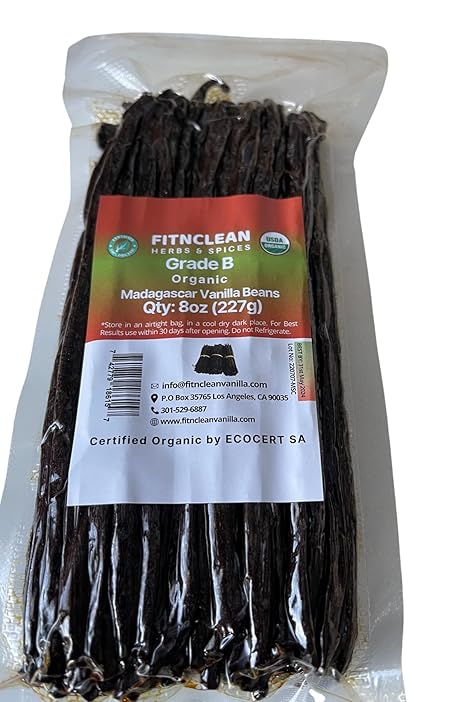 8oz Organic Madagascar Vanilla Beans Grade B for Extract. Certified USDA Organic. 5"-7" by FITNCLEAN VANILLA for Paste and Baking (1/2 Lb) Whole NON-GMO Pods