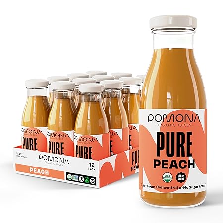 Pomona Organic Peach Juice (Pack of 12), Cold Pressed USDA Organic Juices, 100% Peaches, No Added Sugar, Not From Concentrate, Vegan, Kosher, Non GMO, Pasteurized, 8.4 oz Glass Bottles