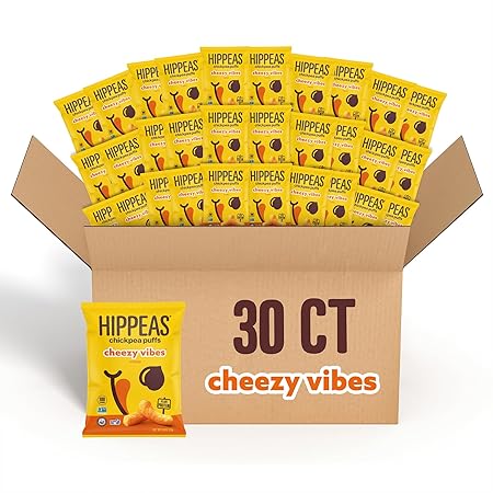 Hippeas Chickpea Puffs, Cheezy Vibes, 0.8 Ounce (Pack of 30), 3g Protein, 2g Fiber, Vegan, Gluten-Free, Crunchy, Plant Protein Snacks