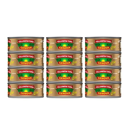 Genova Premium Lite Yellowfin Tuna in Water, Wild Caught, Solid Light, 5 oz. Can (Pack of 12)