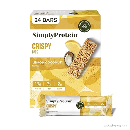 Simply Protein - Lemon Coconut Crispy Bars - Plant Based Protein Bars - Low Carb, Low Sugar, High Fiber - 13g Protein, 2g Sugar, 7g Fiber - Vegan, Gluten Free, Non GMO, Kosher - 24 Bars