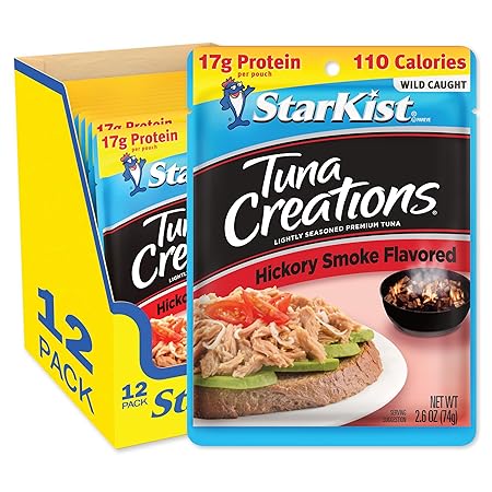 StarKist Tuna Creations Hickory Smoked, 2.6 oz Pouch (12 Pack) Ready to Eat Wild Caught Tuna, g Protein, Calories Per Serving, Gluten Free, Soy Free, Kosher, Perfect for Salads, Keto Meals and Snacks