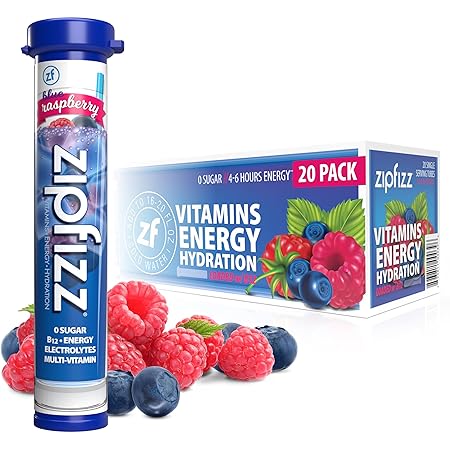 Zipfizz Daily Energy Drink Powder, Blue Raspberry, 20 Pack | 3-in-1 Sustained Energy, Rapid Hydration, and Essential Vitamins | Sugar-Free | Electrolyte Powder | Contains Vitamin B-12 & Antioxidants