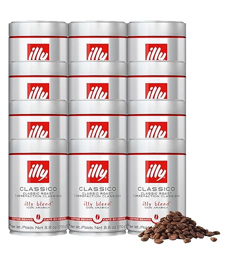 Illy Whole Bean Coffee, Classico Medium Roast - Mild & Balanced - 100% Arabica - Whole Beans - Pressurized Packaging Sealed for Freshness - 8.8oz can (Pack of 12)