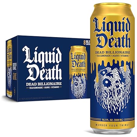 Liquid Death, Dead Billionaire Iced Tea, 8-Pack (19.2oz Cans), Half Lemonade Half Black Tea, Low Calorie, No Artificial Sweeteners, B12 & B6 Vitamins