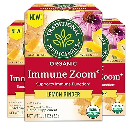 Traditional Medicinals Tea, Organic Immune Zoom Lemon Ginger, Supports Immune Function, 48 Tea Bags (3 Pack)