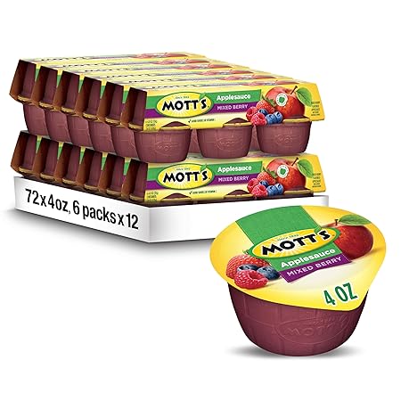 Mott's Mixed Berry Applesauce, 4 Oz Cups, 72 Count (12 Packs Of 6), No Artificial Flavors, Good Source Of Vitamin C, Nutritious Option For The Whole Family
