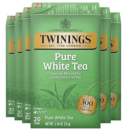 Twinings Pure White Tea Individually Wrapped Bags, 20 Count (Pack of 6), Light & Fresh, Caffeinated, Enjoy Hot or Iced, 120 Teabags