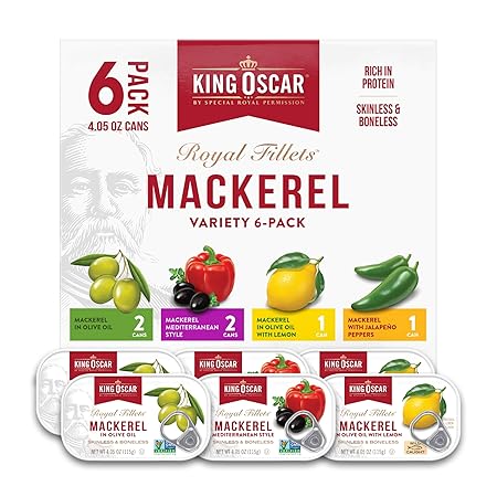 King Oscar Skinless & Boneless Mackerel Variety Pack, 4.05 Ounce Cans (Pack of 6), Skinless & Boneless, Wild Caught Canned Mackerel
