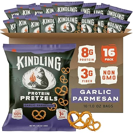 Kindling Protein Pretzels - Garlic Parmesan | Protein-Packed Snack Size Bags | Kosher | 8 - 9g Protein Per Serving | Only 1-2g of Total Sugar | No Artificial Flavors, Soy-Free | Lunches, Office Snacks, & On-the-Go | 16-Pack (1.06oz Bags)