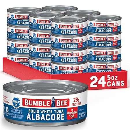 Bumble Bee Solid White Albacore Tuna in Oil, 5 oz Can (Pack of 24) - Wild Caught Tuna - 28g Protein per Serving, High in Omega-3s - Non-GMO Project Verified, Gluten Free, Kosher