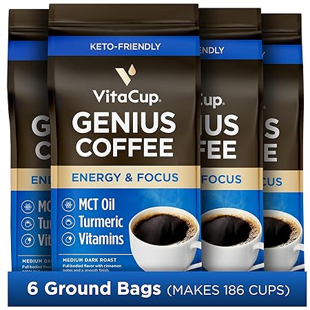 VitaCup Genius Ground Keto Coffee w/Turmeric, MCT Oil, B Vitamins, D3, Ground Coffee Medium Dark Roast, Bold & Smooth, 100% Arabica Coffee Grounds, 6 bags, 11oz each