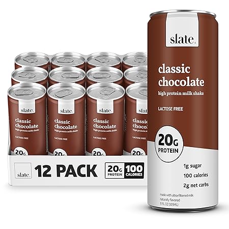 Slate Milk - High Protein Milk Shake - Classic Chocolate - Lactose Free, 20g Protein, 1g Sugar, 100 Calories, 2g Net Carbs, No Added Sugar - Natural, Breakfast Boost, Post Workout - 11 fl oz, 12 Cans