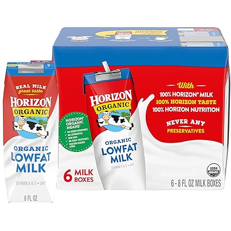 Horizon Organic Shelf Stable 1% Lowfat Milk Boxes, 8 fl oz, 6 Count - 8g Protein per Serving, USDA Organic UHT, Ready to Drink for Lunchbox, Travel, or On-the-Go, No Refrigeration Needed