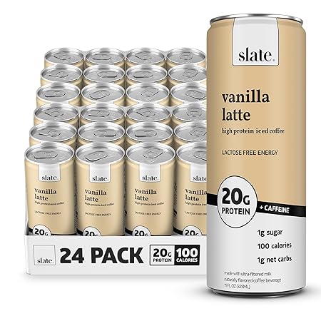 Slate Milk - High Protein Iced Coffee - Vanilla Latte - 175mg Caffeine, Lactose Free Energy - 20g Protein, 1g Sugar, 100 Calories, 1g Net Carbs, No Sugar Added - Protein Coffee - 11 fl oz, 24 Cans