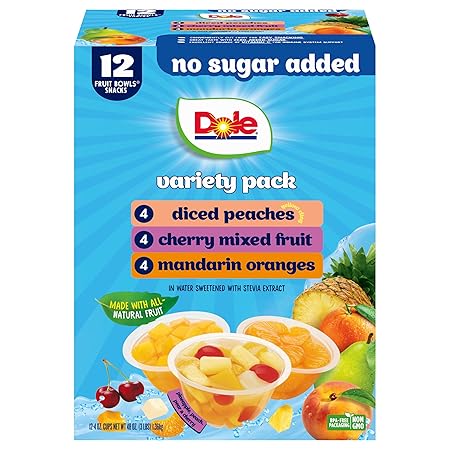 Dole Diced Peaches, Mandarin Oranges, and Cherry Mixed Fruit with No Sugar Added Variety Pack - Dole Fruit Bowls Snacks - 4 oz Bowls - 12 Pack