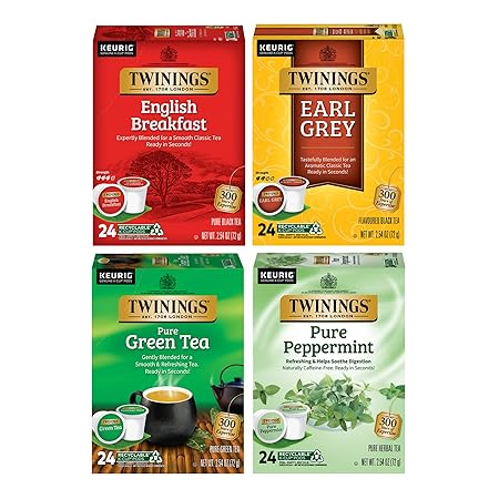 Twinings 96 K-Cup Pods Variety Pack 24 Count (Pack of 4), English Breakfast, Earl Grey, Green, and Pure Peppermint Tea for Keurig and Single Cup Brewers, Enjoy Hot or Iced
