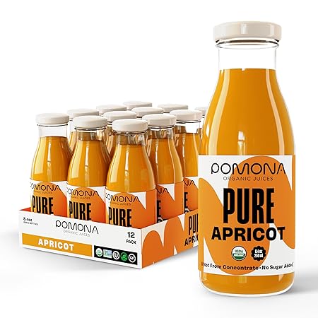 Pomona Organic Apricot Juice, Cold Pressed USDA Organic Juices, 100% Apricots, No Added Sugar, Not From Concentrate, Vegan, Kosher, Non GMO, Pasteurized, 8.4 oz Glass Bottles (Pack of 12)(Packaging May Vary)