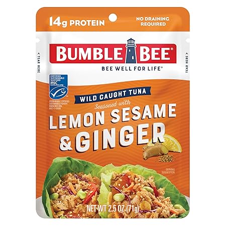 Bumble Bee Lemon Sesame & Ginger Seasoned Tuna, 2.5 oz Pouch - Ready to Eat - Wild Caught Tuna Packet - 14g Protein per Serving