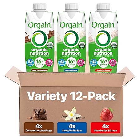 Orgain Organic Nutritional Protein Shake, 16g Grass Fed Whey Protein, Meal Replacement, 20 Vitamins & Minerals, Fruits & Vegetables, Variety Pack, Chocolate, Vanilla, Strawberry, 11 Fl Oz (12 Pack)