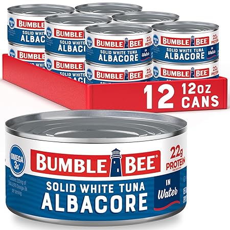 Bumble Bee Solid White Albacore Tuna in Water, 12 oz Can (Pack of 12) - Wild Caught Tuna - 22g Protein per Serving, High in Omega-3s - Non-GMO Project Verified, Gluten Free, Kosher