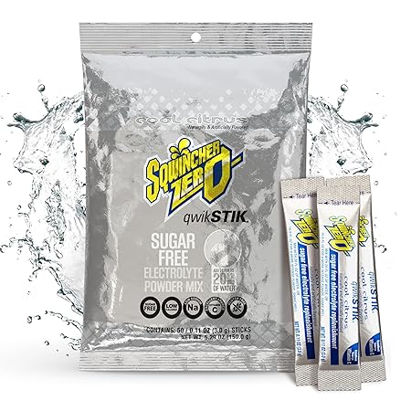 Sqwincher Zero Qwik Stik, Cool Citrus, Sugar Free, Low Calorie, Low Sodium Electrolyte Powder Hydration Drink Mix, .11 0z Packet (Pack of 50)