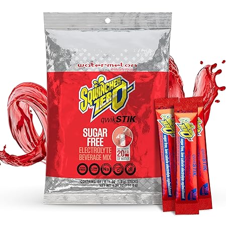 Sqwincher Zero Qwik Stik, Watermelon, Sugar Free, Low Calorie, Low Sodium Electrolyte Powder Hydration Drink Mix, .11 0z Packet (Pack of 50)