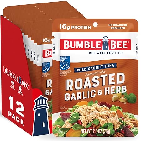 Bumble Bee Roasted Garlic & Herb Seasoned Tuna, 2.5 oz Pouches (Pack of 12) - Ready to Eat - Wild Caught Tuna Packet - 16g Protein per Serving - Gluten Free