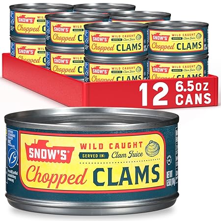 Snow's Wild Caught Chopped Clams Canned, 6.5 oz Can (Pack of 12) - 5g Protein Per Serving - Gluten Free, Keto Friendly, 99% Fat Free