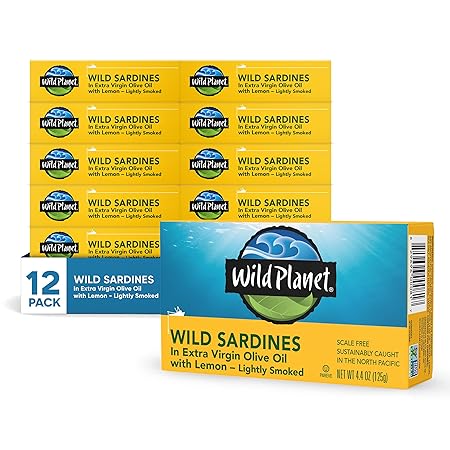 Wild Planet Wild Sardines in Extra Virgin Olive Oil With Lemon, Lightly Smoked, Tinned Fish, 4.4 Ounce (Pack of 12)