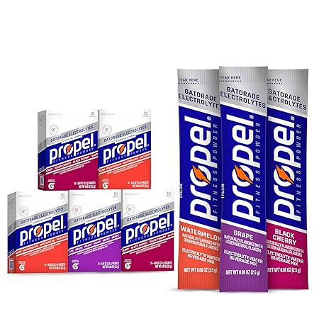Propel Electrolyte Enhanced Water Drink Mix Powder Packets, 3 Flavor Variety Pack, Zero Calorie & Zero Sugar Hydration with Electrolytes and Vitamins C & E (50 Packets)