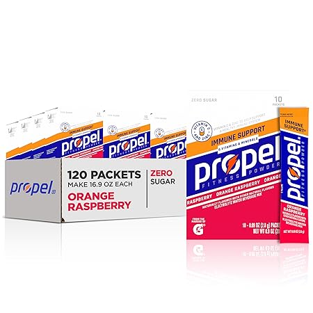 Propel Immune Support Electrolyte Enhanced Water Drink Mix Powder Packets, Orange Raspberry, 100% DV Vitamin C, Good source of Zinc, Zero Sugar Hydration with Electrolytes and Vitamins (120 Packets)