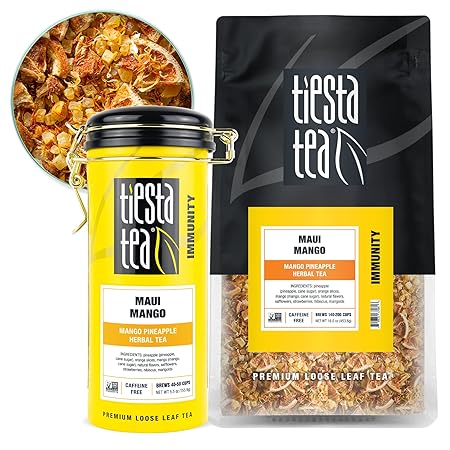 Tiesta Tea - Maui Mango, Loose Leaf, Mango Pineapple Herbal Tea, Premium Non-Caffeinated Fruit Blend, Makes Hot or Iced & Brews Up to 250 Cups - 16oz Bulk Pouch & 5.5oz Refillable Tin Combo