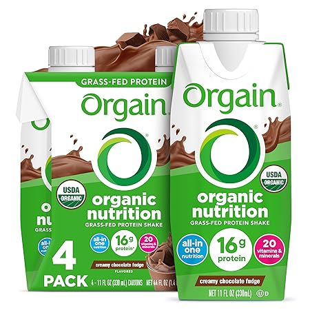 Orgain Organic Nutritional Shake, Creamy Chocolate Fudge - Meal Replacement, 16g Protein, 20 Vitamins & Minerals, Gluten & Soy Free, Kosher, Non-GMO, Packaging May Vary, 11 Fl Oz (Pack of 4)