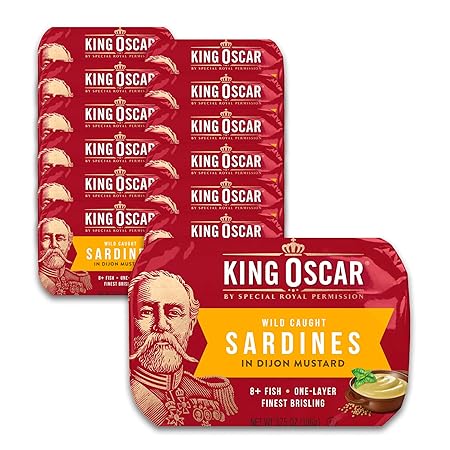 King Oscar Premium Sardines in Dijon Mustard, 3.75 Ounce Cans (Pack of 12), Wild Caught Canned Sardines