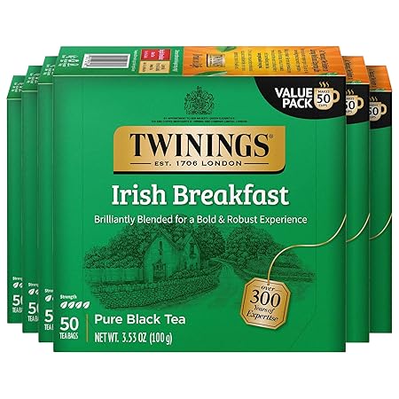 Twinings Irish Breakfast Black Tea Individually Wrapped Bags, 50 Count (Pack of 6), Flavourful, Bold, Robust, Caffeinated, Enjoy Hot or Iced, 300 Teabags