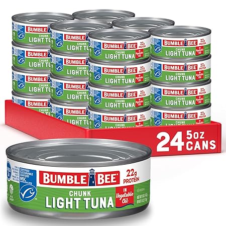 Bumble Bee Chunk Light Tuna In Oil, 5 oz Cans (Pack of 24) - Wild Caught Skipjack Tuna - 22g Protein Per Serving - MSC Certified Sustainable Seafood, Non-GMO, Gluten Free, Kosher
