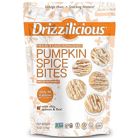 Drizzilicious Mini Rice Cakes - Rice Crisps, Healthy Snack for Adults and Kids, Flavored Rice Cakes, Vegan, Gluten Free, Only 90 Calories Per Serving - Pumpkin Spice, 4 oz (Pack of 6)