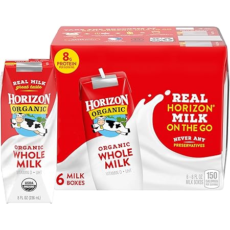Horizon Organic Shelf Stable Whole Milk Boxes, 8 fl oz, 6 Count - 8g Protein per Serving, USDA Organic UHT from Pasture-Raised Cows, Ready to Drink for Lunchbox, Travel, or On-the-Go, No Refrigeration Needed