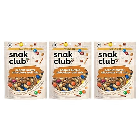 Snak Club Peanut Butter Chocolate Trail Mix with Peanuts, Peanut Butter M&M’S, Toffee Peanuts, and Pretzels, 11 oz Resealable Bags, 3 Pack