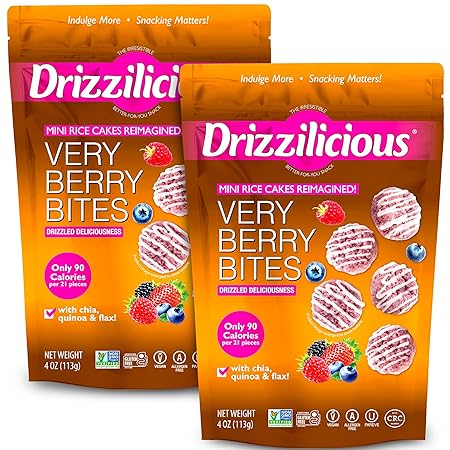 Drizzilicious Mini Rice Cakes Very Berry - Rice Crisps, Healthy Snack for Adults and Kids, Flavored Rice Cakes, Vegan, Gluten Free, Allergen Free, Only 90 Calories Per Serving - 4 oz (Pack of 2)