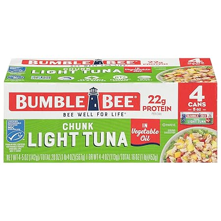 Bumble Bee Chunk Light Tuna In Oil, 5 oz Cans (Pack of 4) - Wild Caught Skipjack Tuna - 22g Protein Per Serving - MSC Certified Sustainable Seafood, Non-GMO, Gluten Free, Kosher