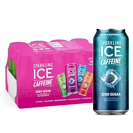 Sparkling Ice Caffeine Variety Pack, Flavored Sparkling Water, Zero Sugar, with Vitamins and Antioxidants, 16 fl oz, 12 count (Citrus Twist, Black Raspberry, Blue Raspberry, Strawberry Citrus)
