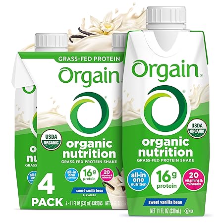 Orgain Organic Nutritional Shake, Vanilla Bean - Meal Replacement, 16g Protein, 20 Vitamins & Minerals, Gluten Free, Soy Free, Kosher, Non-GMO, 11 Ounce, 4 Count (Packaging May Vary)