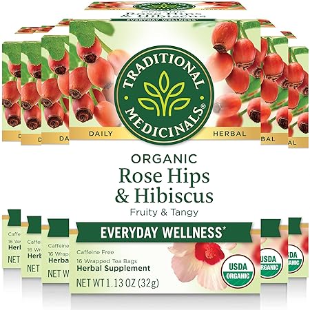 Traditional Medicinals Tea, Organic Rose Hips & Hibiscus, Supports Everyday Wellness, 96 Tea Bags (6 Pack)