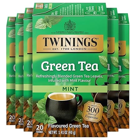 Twinings Green Tea with Mint Individually Wrapped Bags, 20 Count (Pack of 6), Invigorating Aroma, Caffeinated, Enjoy Hot or Iced, 120 Teabags