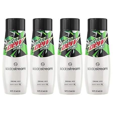 SodaStream - Mountain Dew Zero Sugar Drink Mix | For Sparkling Water Makers | Sugar-Free, 0 Calories | Caffeine: 48mg/12oz | Makes 96 Servings | 14.9 Fl Oz, Pack of 4