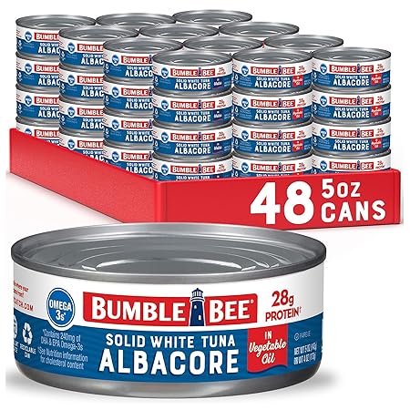 Bumble Bee Solid White Albacore Tuna in Oil, 5 oz Can (Pack of 48) - Wild Caught Tuna - 28g Protein per Serving, High in Omega-3s - Non-GMO Project Verified, Gluten Free, Kosher