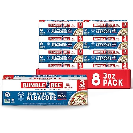 Bumble Bee Solid White Albacore Tuna in Water, 3 oz Can (8 Packs of 3, 24 Cans Total) - Wild Caught Tuna - 16g Protein per Serving, High in Omega-3s - Non-GMO Project Verified, Gluten Free, Kosher