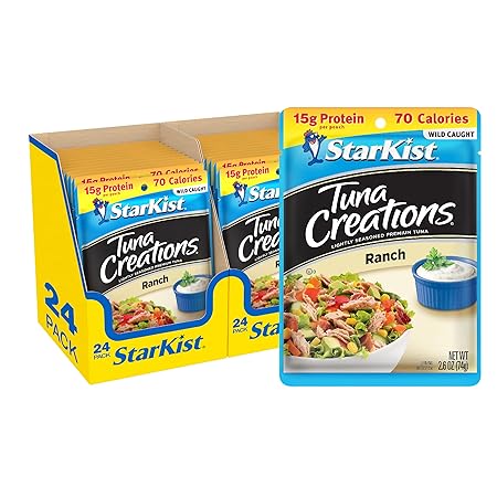 StarKist Tuna Creations Ranch, 2.6 oz Pouch (24 Pack) Ready to Eat Wild Caught Tuna, 15g Protein, 70 Calories Per Serving, Gluten Free, Soy Free, Kosher, Perfect for Salads, Keto Meals and Snacks